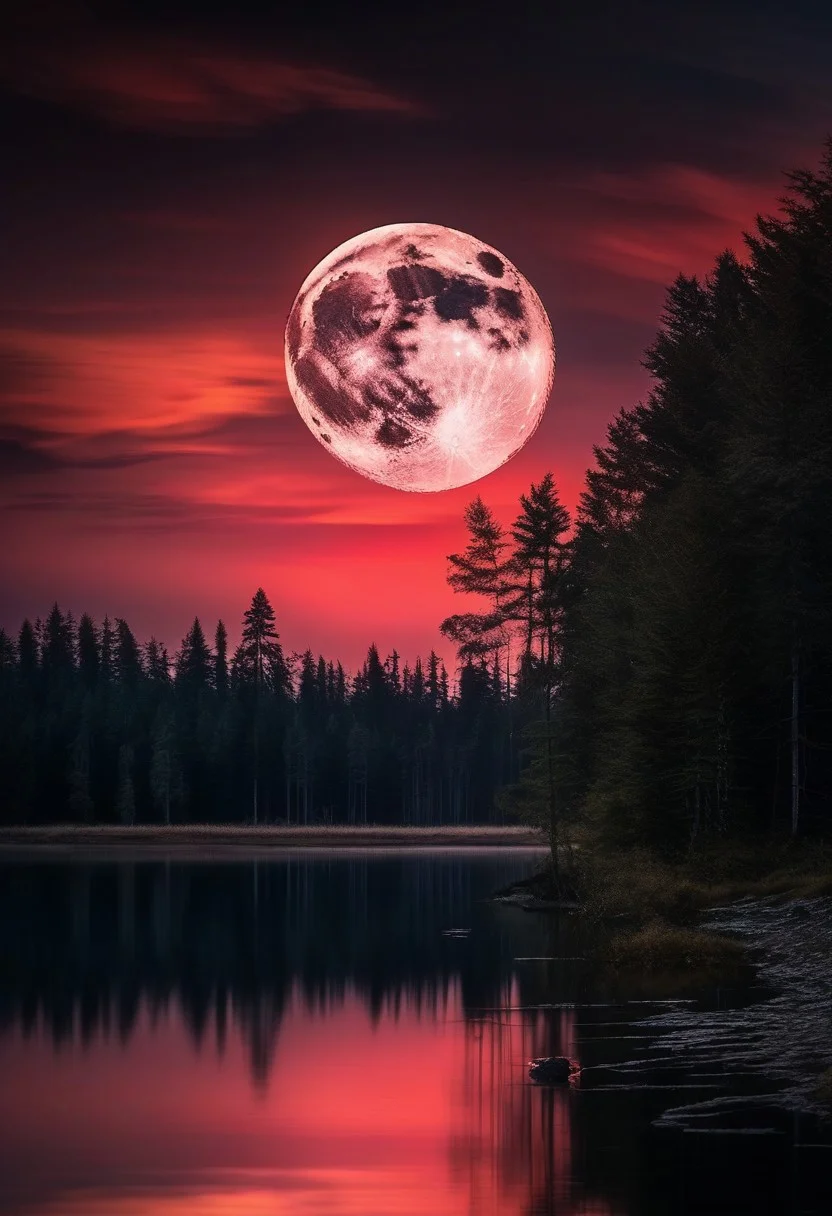 A dark abandoned forest with red sky, dark clouds and a white moon, a lake on the middle with a detailed reflex of the trees and the moon,
BREAK,
depth of field, detailed art, realistic art, 4k, (best quality 1:1), masterpiece, intricate details,