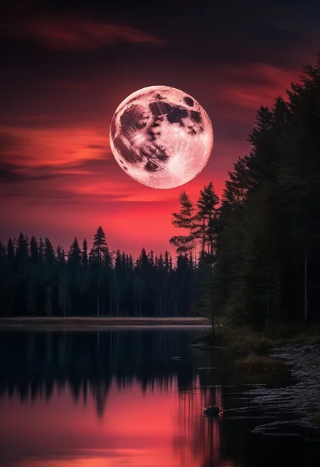 A dark abandoned forest with red sky, dark clouds and a white moon, a lake on the middle with a detailed reflex of the trees and the moon,
BREAK,
depth of field, detailed art, realistic art, 4k, (best quality 1:1), masterpiece, intricate details,
