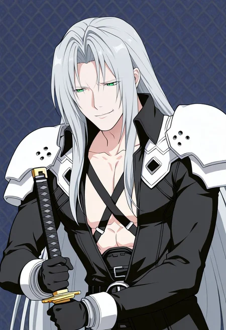 <lora:CleanAnime - [Enchanter] - IllustriousXL v4.0:1> IllusP0s, (anime screenshot, anime coloring) 1man, solo, sephiroth, official outfit grey hair, long hair, very long hair, parted bangs, armor, open clothes, shoulder armor, long sleeves, pectorals, black jacket, jacket, black gloves, high collar, long bangs, black coat, green eyes, slit pupils, holding katana, holding object, <lora:George_Constanza_Baseball_Bat_Meme_Illustrious:1.8> costanza face, skeptical expression, narrowed eyes, smirk, looking at viewer, upper body