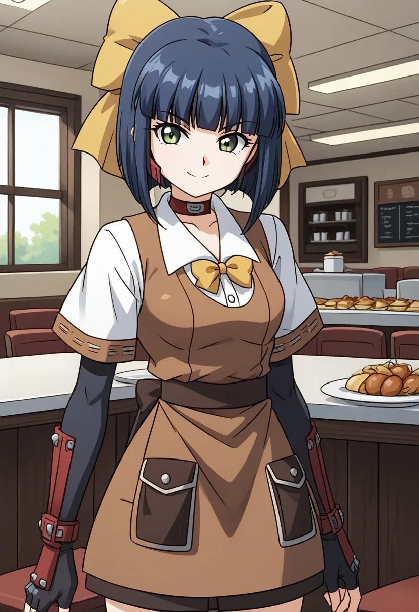 1girl, solo, hazukini, short hair, blue hair, blunt bangs, green eyes, hair bow, yellow bow, headband, choker, fingerless gloves, elbow gloves, short sleeves, collared shirt, brown vest, brown skirt, apron, small breasts, indoors, cafeteria, standing, serious, smile, confident smile,