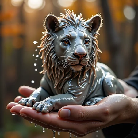 ultra hd flow ,flux-wet ,a wet creature with the body of a lion, the head of an rhino, sitting in the palm of a female hand, background of autumn foliage
