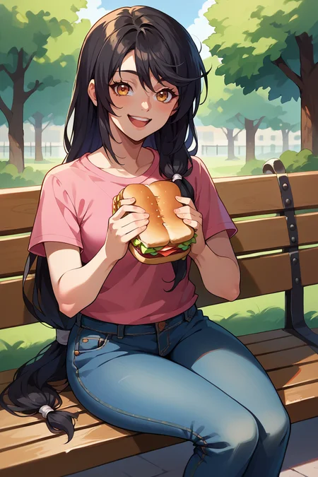 score_9, score_8_up, score_7_up, score_6_up, source_anime BREAK 1girl, solo <lora:velvetcrowe-pdxl-nvwls-v1-000005:1> velvetcrowe, black hair, low-tied long hair, pink t-shirt, jeans, holding sandwich, happy, sitting, bench, park, looking at you