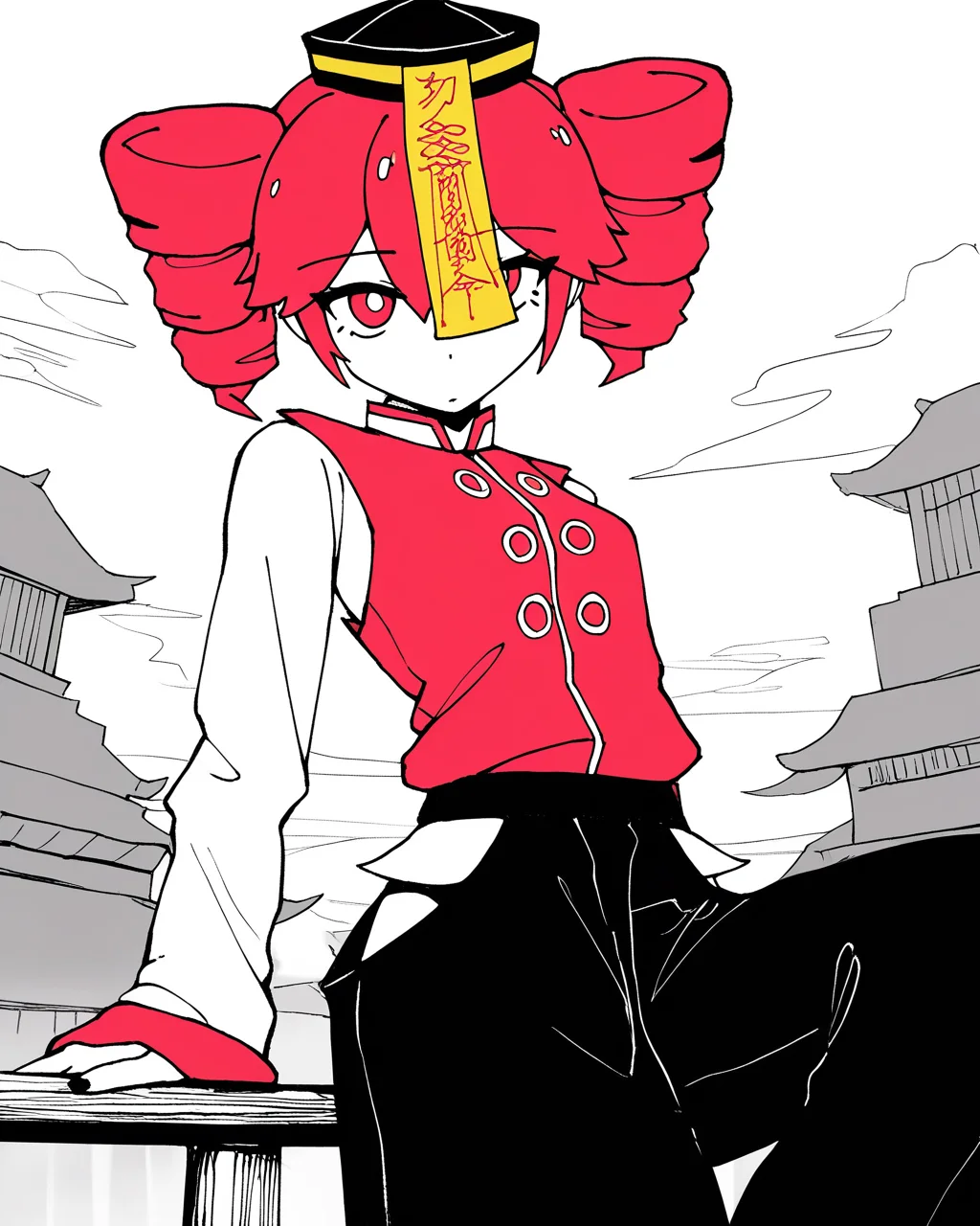 best quality, highres, masterpiece, very awa, newest, 2024,outdoors, limited palette, spot color, hatching \(texture\),
1girl, solo,
chinateto, kasane teto, black hat, ofuda, red vest, white shirt, hip vent, black pants,
<lora:odochina-000010:.7>
<lora:KarasuChan1204:1> , karasuchan1204