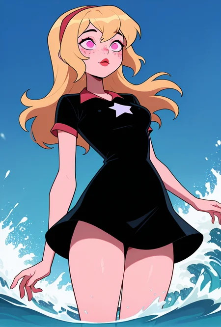 ((cartoon, screencap)), <lora:lucybig:1>, solo, lucybig, long hair, blonde hair, red hairband, pink eyes, lipstick, short sleeves, star (symbol), short dress, black dress, freckles, dynamic pose, emerging from water, foreground blur, from bottom, waves, splashes, masterpiece, best quality, amazing quality, very aesthetic, absurdres, newest,