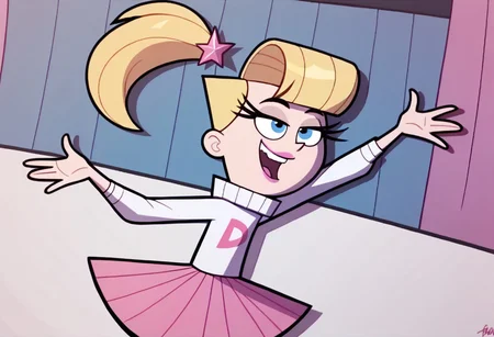 score_9, score_8_up, score_7_up BREAK VeroFOP, 1girl, blonde hair, blue eyes, ponytail, pink lipstick, long-sleeve white turtleneck sweater with pink D-logo, pleated pink skirt, pink white boots, dancing, music party,