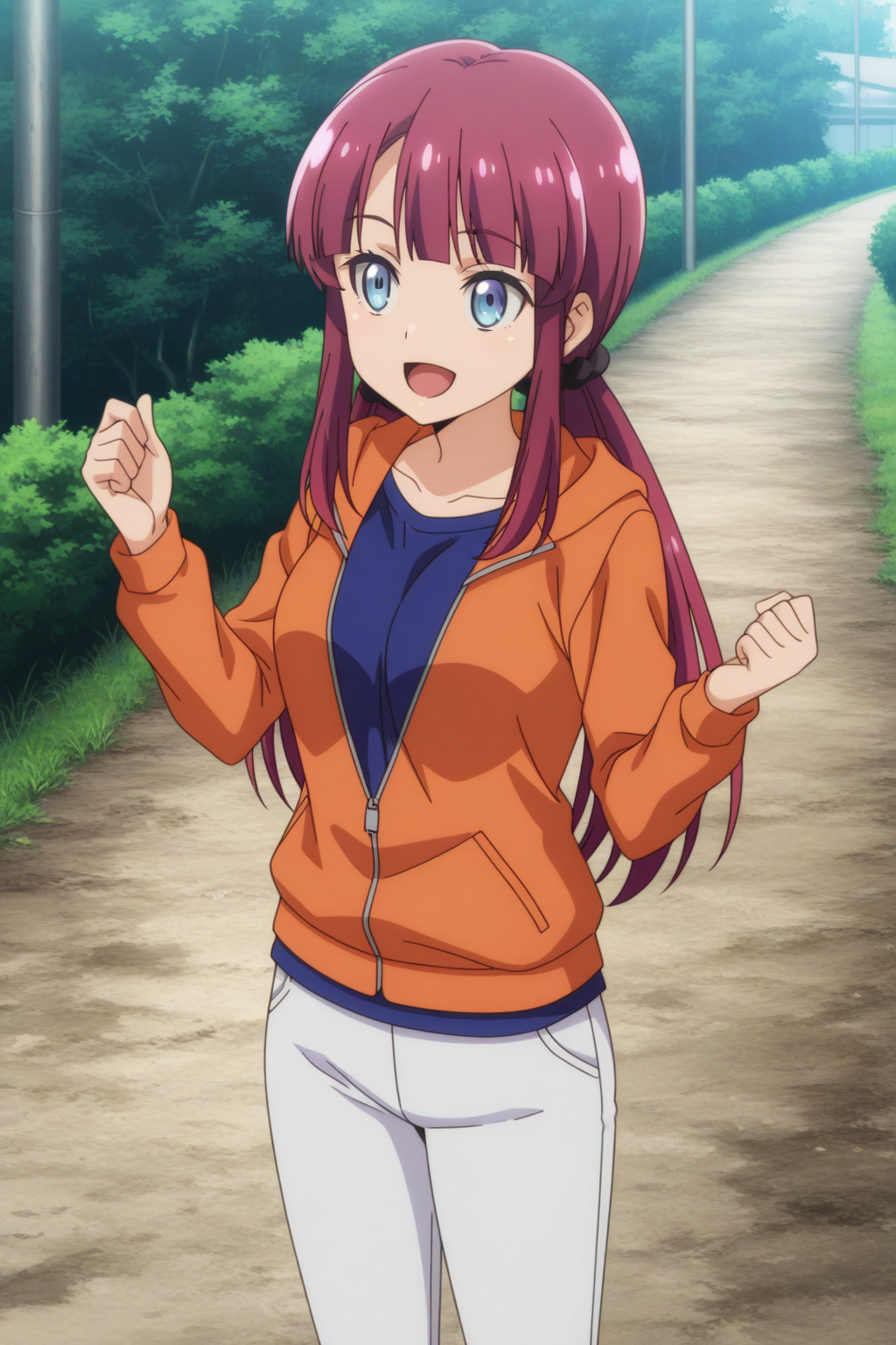 (orange jacket blue shirt white pants:1.50), 
ag-kuroitsu, blue eyes, red hair,
medium breasts, 1girl, solo, skinny,
(masterpiece, highres, ultra-detailed,very aesthetic, best quality, absurdres, high quality, highres), 
happy,
,
(:0.80), 
BREAK,
outdoors,
::low twintails,
<lora:ag-kuroitsu-V01-illXL:0.80>