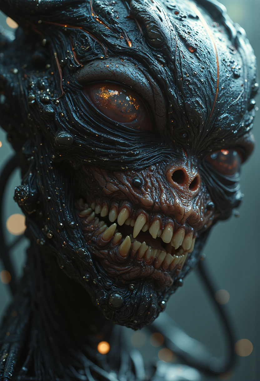 masterpiece artwork of an otherwordly gorgeous female alien, monstrous, sharp teeth, arrogant smirk, elongated facial features, glossy leather skin, highly detailed, bokeh, soothing atmosphere, epic, cinematic,