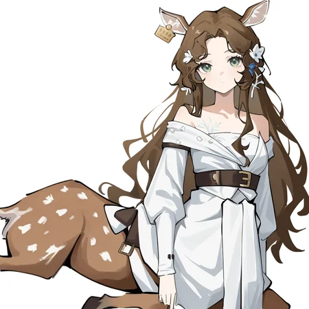 1girl,cowboy shot,jessica\\(reverse:1999\\),looking at viewer,solo,simple background,white background,,(deer girl:1.1),sitting,on stomach,<lora:jessica-000012>, masterpiece, best quality, very aesthetic, absurdres