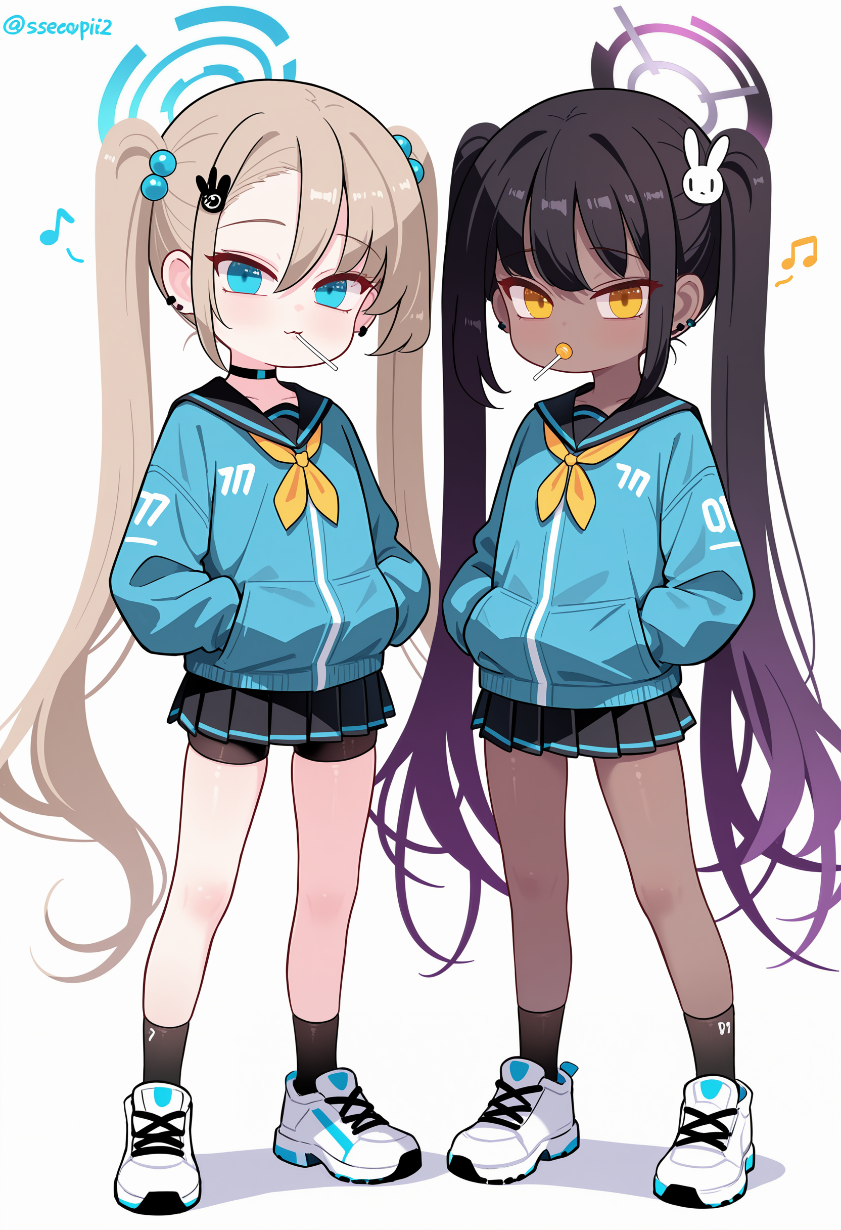 multiple girls, aged down, karin \(blue archive\), 2girls, halo, dark-skinned female, long hair, dark skin, black hair, twintails, candy, skirt, blue eyes, lollipop, rabbit hair ornament, musical note, asuna \(blue archive\), yellow eyes, food, bike shorts, sneakers, socks, shoes, white background, simple background, black shorts, light brown hair, hair ornament, pleated skirt, black skirt, school uniform, jacket, shorts, alternate costume, choker, black choker, very long hair, long sleeves, looking at viewer, white footwear, alternate hairstyle, serafuku, ear piercing, food in mouth, piercing, twitter username, full body, hair between eyes, black socks, sailor collar, hands in pockets, blue jacket, mouth hold <lora:None:1.0000000000000002> <lora:Sseopik_OMO:1.0000000000000002>