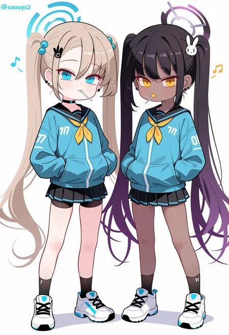 multiple girls, aged down, karin \(blue archive\), 2girls, halo, dark-skinned female, long hair, dark skin, black hair, twintails, candy, skirt, blue eyes, lollipop, rabbit hair ornament, musical note, asuna \(blue archive\), yellow eyes, food, bike shorts, sneakers, socks, shoes, white background, simple background, black shorts, light brown hair, hair ornament, pleated skirt, black skirt, school uniform, jacket, shorts, alternate costume, choker, black choker, very long hair, long sleeves, looking at viewer, white footwear, alternate hairstyle, serafuku, ear piercing, food in mouth, piercing, twitter username, full body, hair between eyes, black socks, sailor collar, hands in pockets, blue jacket, mouth hold <lora:None:1.0000000000000002> <lora:Sseopik_OMO:1.0000000000000002>