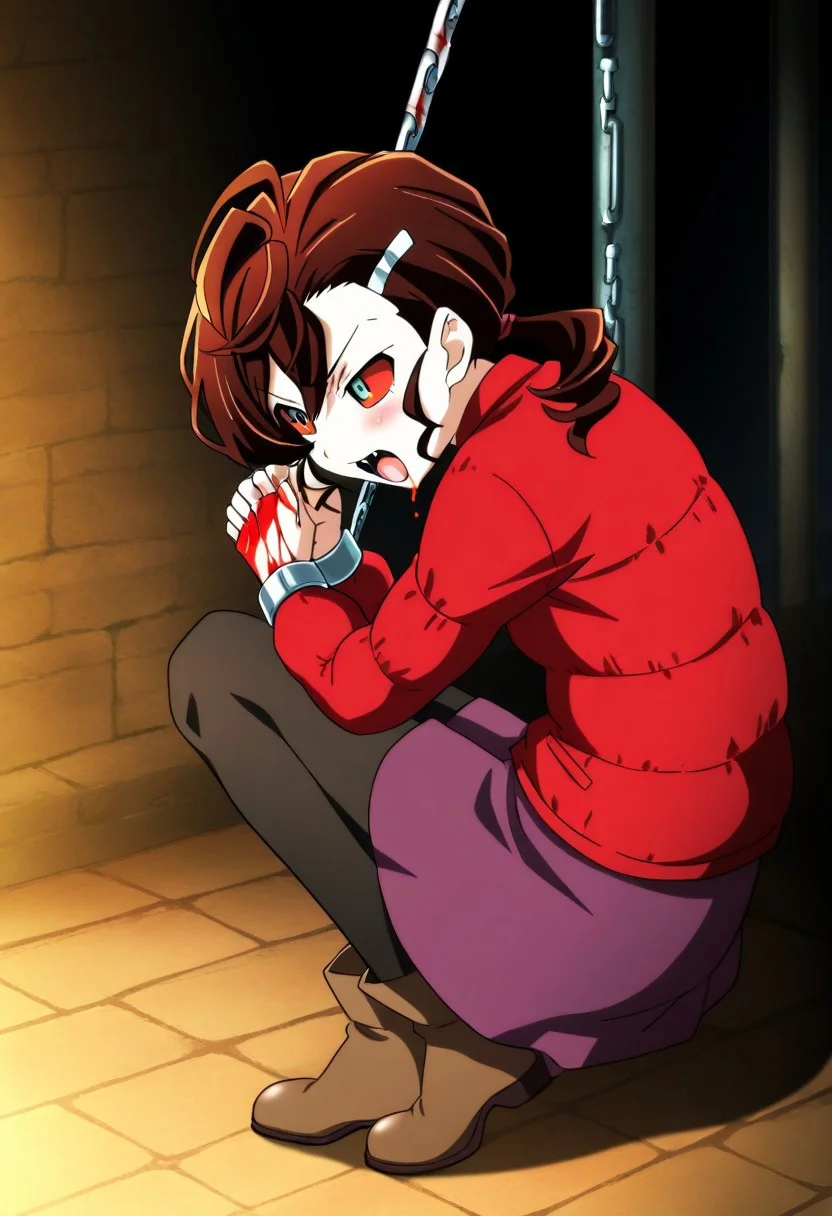 1girl,Inuyama Mana,GeGeGe no Kitarou,year 2019,(solo),Prison,1 hair tie,(fangs:1.2),pale skin,screaming,restrained,hands tied,shackles,chained,suspension,(lavenderblush skirt:1.2),crimson (Down jacket:1.3),(Placket jacket:1.3),(red sclera:1.5),blood dripping from mouth,(blood on hands:1.5),(single hair intake:1.5),wavy hair,swept bangs and (hair pulled back:1.2),hair between eyes,(low ponytail),Ahoge,(Brown:1.5) medium hair,sideburns,Brown ankle boots,pantyhose,Brown ankle boots,1 silver hairpin,grey eyes,masterpiece, best quality, very aesthetic, absurdres,perfect
