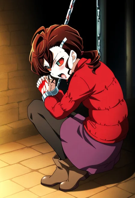 1girl,Inuyama Mana,GeGeGe no Kitarou,year 2019,(solo),Prison,1 hair tie,(fangs:1.2),pale skin,screaming,restrained,hands tied,shackles,chained,suspension,(lavenderblush skirt:1.2),crimson (Down jacket:1.3),(Placket jacket:1.3),(red sclera:1.5),blood dripping from mouth,(blood on hands:1.5),(single hair intake:1.5),wavy hair,swept bangs and (hair pulled back:1.2),hair between eyes,(low ponytail),Ahoge,(Brown:1.5) medium hair,sideburns,Brown ankle boots,pantyhose,Brown ankle boots,1 silver hairpin,grey eyes,masterpiece, best quality, very aesthetic, absurdres,perfect