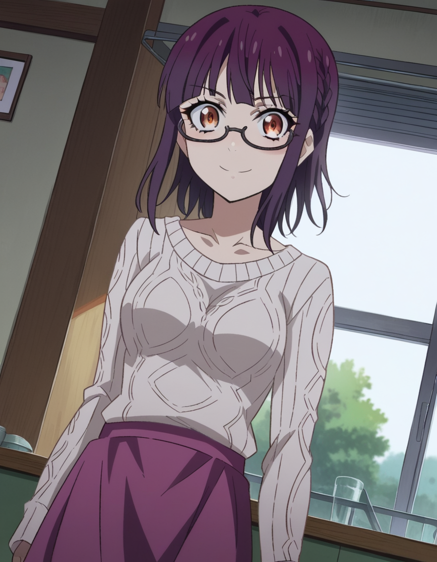 score_9, score_8_up, score_7_up, source_anime,
sumikafujimiya, <lora:sumika-fujimiya-s1-ponyxl-lora-nochekaiser:1>,
sumika fujimiya, brown eyes, purple hair, braid, glasses, semi-rimless eyewear, under-rim eyewear,
sweater, long sleeves, collarbone, skirt, purple skirt,
indoors, smile,
looking at viewer, dutch angle, cowboy shot,