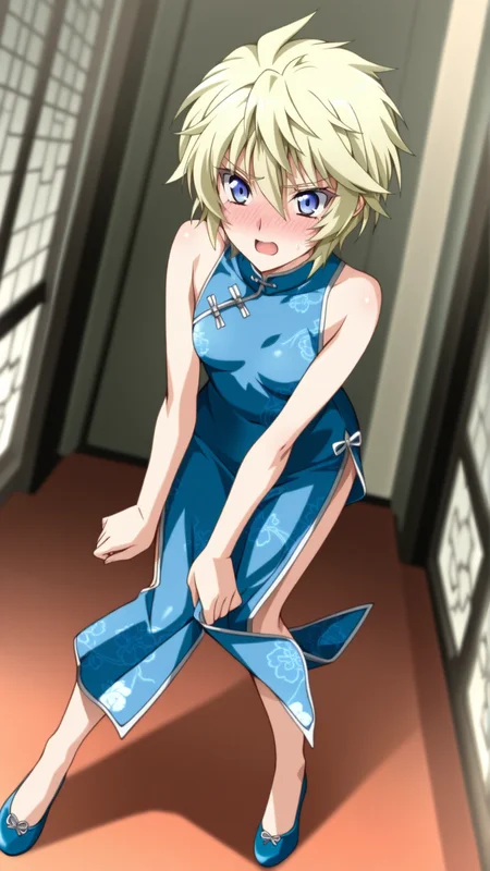 source_anime, general, best quality, masterpiece, 1girl, <lora:Esther_Elhous_ill_v1.0:1> esther_elhous\(srw\),blue eyes , blonde hair, yellow hair,tsurime, small breasts ,china dress, flustered, (embarrassed:0.9), dynamic pose, dutch angle, full body,