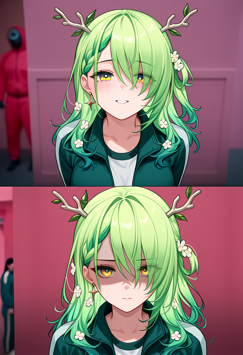 (masterpiece, high quality, amazing detail), highres, before and after, squid game, ceres fauna, partially shaded face, green jacket, <lora:Before_and_Afer_Joining_Squid_Game:1>