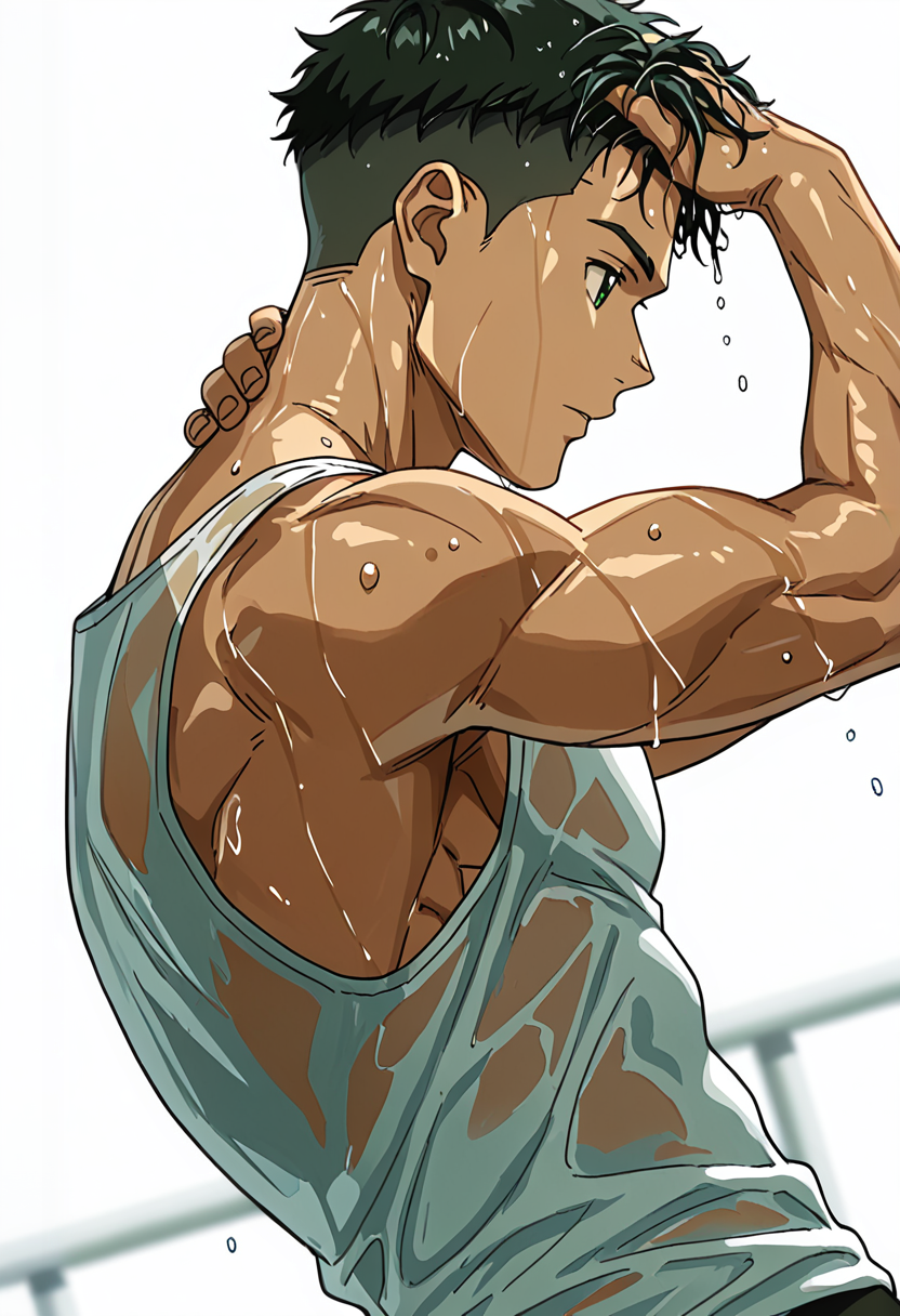 <lora:Yokokawa_Yuusuke_Love_All_Play:1> green_yok0kaw4_yuusuk3_eyes, yok0kaw4_yuusuk3, black_yok0kaw4_yuusuk3_hair, 1boy, anime coloring, male focus, solo, muscular male,  looking afar, hand in own hair, hand on own neck, white tank top, biceps, wet hair, white background,  shadow, dynamic angle, dynamic action, atmospheric perspective,  intricately detailed illustration, depth of field, intricate details, very awa, highres, perfect proportions, perfect eyes, amazing quality, masterpiece, best quality, very aesthetic, absurdres, newest