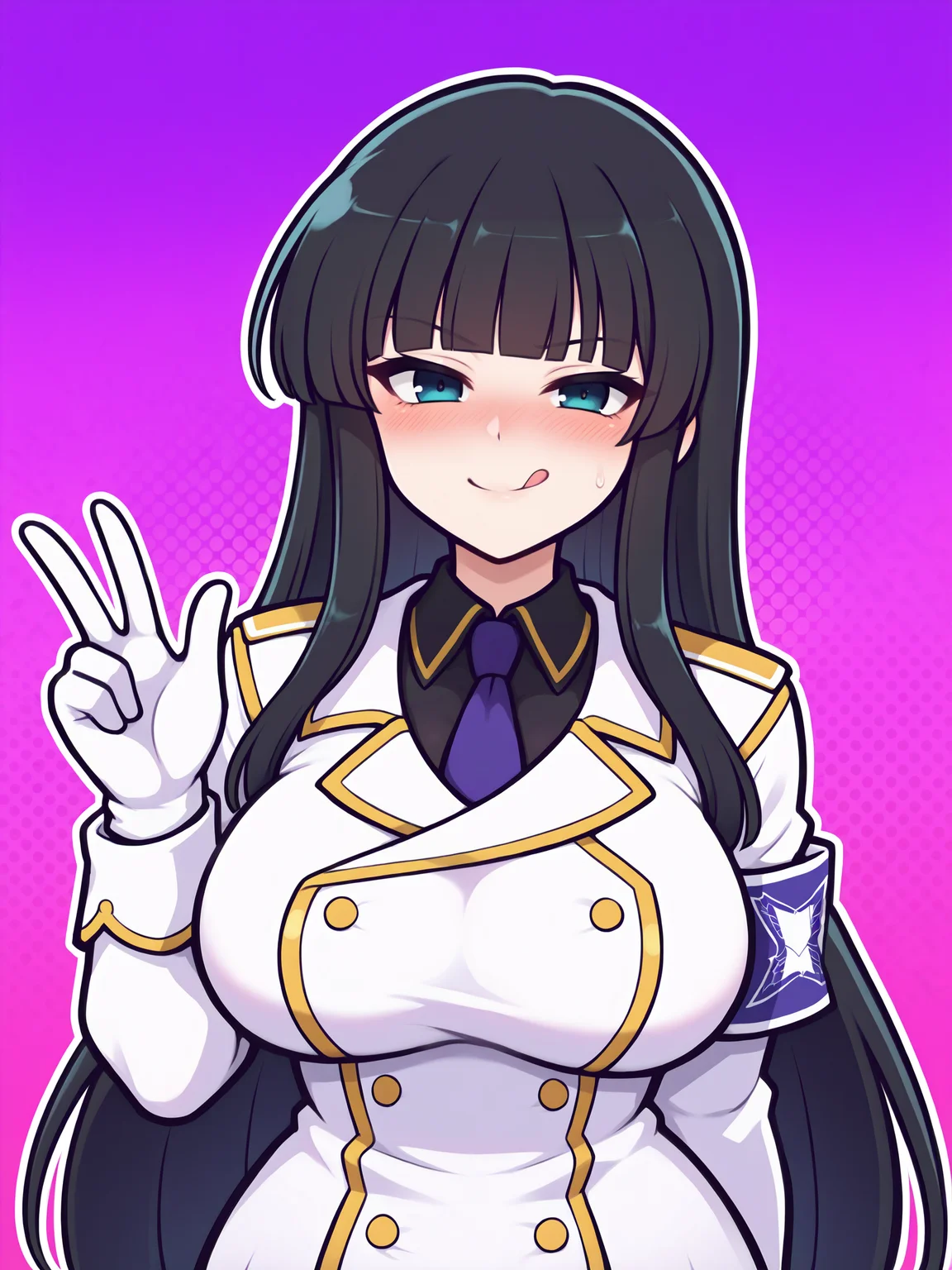 masterpiece, best quality, amazing quality, by asukaln
(solo:1.4), Ikaruga_IL, long black hair, blunt bangs, hime cut, dark blue eyes, large breasts, Ikaruga_Shinobi, white military uniform, golden buttons, golden epaulettes, black shirt, purple tie, long sleeves, armband, white gloves, white pleated skirt
looking at viewer, upper body, w, halftone, purple theme, v, smile, :q, blush, closed mouth, hood
<lora:Mystyle_SDXL_LoCon_DORA_v2:1>
<lora:SK_Ikaruga_IL:0.8>
