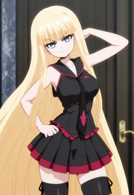 masterpiece, best quality, solo, curvy, beautiful eyes, aged up, large breasts, wide hips, narrow waist, 1girl, solo, smile, looking at viewer,  zzEva, blue eyes, blunt bangs, blonde hair, long hair, very long hair,   sleeveless shirt, sailor collar, necktie, black skirt, thighhighs, zettai ryouiki,  ,<lora:EvangelineNegmiaOVA_IXL:1.0>,   , smile, looking at viewer, cowboy shot, leaning forward, smug, aged up, <<lora:MantisIXL_v2:0.8>,