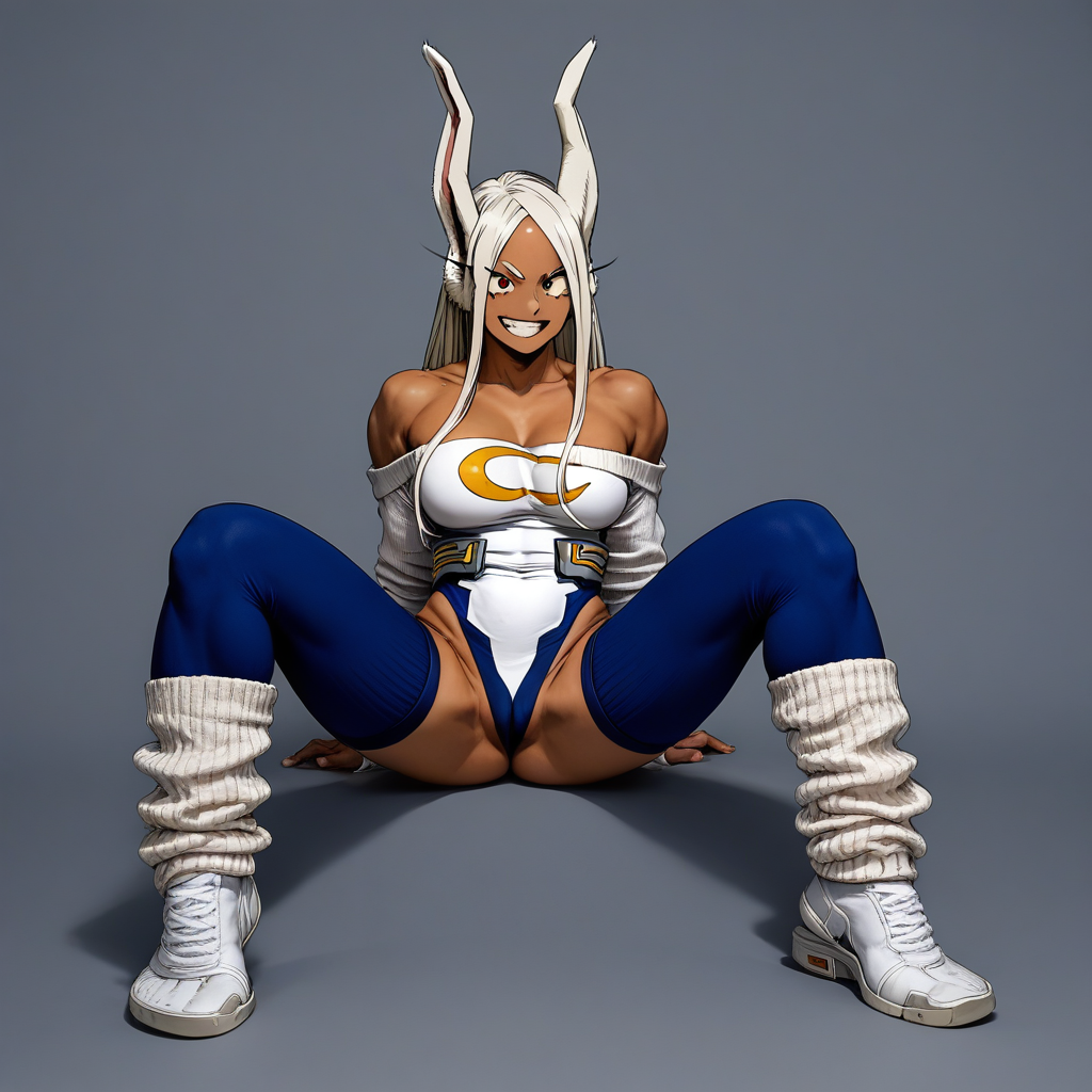 score_9, score_8_up, score_7_up, source_anime, pornstar, porn, pornography, realism, photorealism, dynamic, 1girl, retro_workoutwear, boku_no_hero_academia, my hero academia, Mirko, BREAK, MILF, large breasts, 25 year old female, Mirko\(my hero academia\), 1woman, dark-skinned_female, red eyes, smirk, sexy, horny, (white hair), white clothes, retro_workoutwear, 1980s_(style), aerobics, headband, off_shoulder, highleg_leotard, leg_warmers, thong_leotard, cropped_sweater, leg_warmers, sneakers, studio,