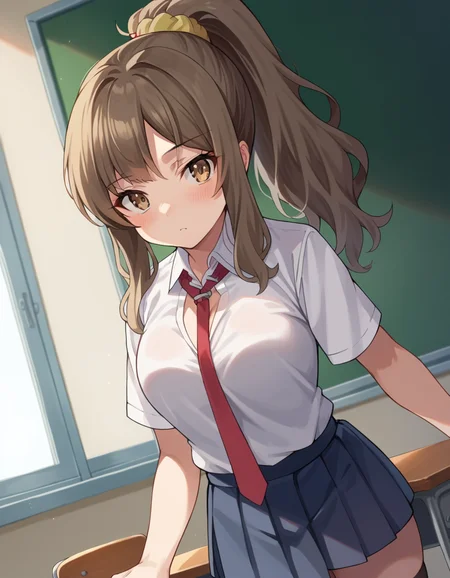 score_9, score_8_up, score_7_up, source_anime,
riofutaba, <lora:rio-futaba-ponyxl-lora-nochekaiser:1>,
rio futaba, long hair, brown hair, brown eyes,
shirt, hair ornament, school uniform, white shirt, ponytail, short sleeves, necktie, scrunchie, red necktie, hair scrunchie, thighs, thighhighs,
indoors, classroom, undressing, cleavage, blush,
looking at viewer, cowboy shot, dutch angle, dynamic pose,