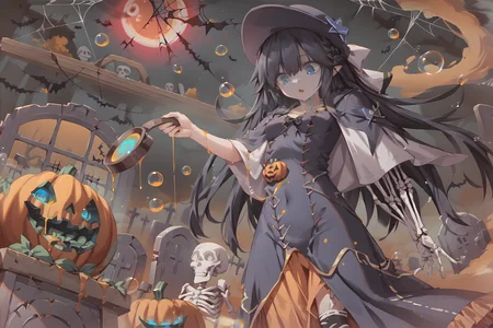 indoors,window,spider web,red moon,capelet,pointy ears,parted lips,gasp,surprised,glowing eyes,forest,mist,pond,witch hat,halloween,witch,halloween costume,happy halloween,cauldron,pumpkin,horror \,(theme\),ghost,frilled dress,orange dress,black dress,multicolored clothes,cloak,silk,floating object,eushully,liselle,long hair,black hair,blue eyes,looking down,stirring,mismatched legwear,long skirt,attack,orange fog,liquid,bubble,alchemy,laboratory,science fiction,poison,pumpkin,dripping,<lora:Eushully_Liselle_Madou_Koukaku_EP10:1>,skeleton,tombstone,, score_9, score_8_up, score_7_up,source_anime,(masterpiece),(best quality),(ultra-detailed),(best illustration),(best shadow),(absurdres),(detailed background),(very aesthetic),source_anime