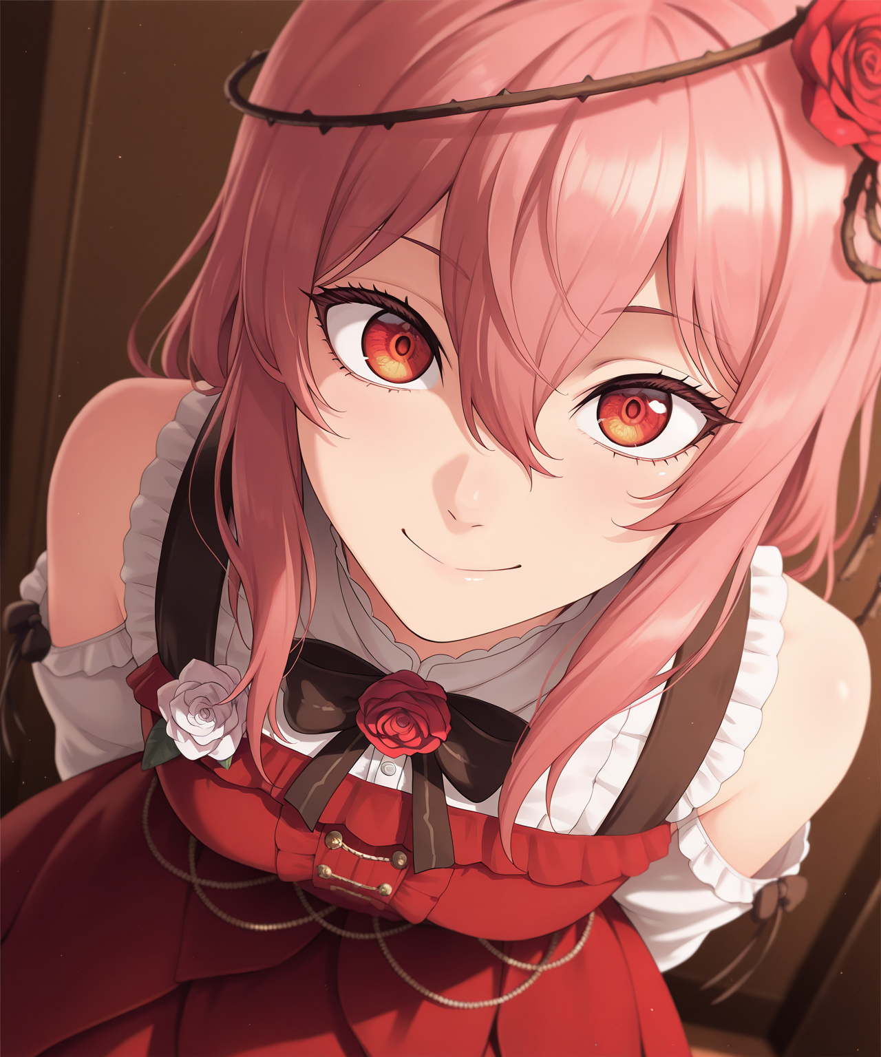 1girl, RL1stHairstyle, RL1stCostume, chainsaw man, anime coloring,
general, solo, perspective, dynamic angle, dutch angle, close-up, upper body, eyelashes,
red rose, thorns, white rose,
leaning forward,
looking at viewer, smile, 
arms behind back,
depth of field,
<lora:kp_RosemiLovelockNijisanjiIllustrious_v1_0:0.7>,
masterpiece, best quality, amazing quality