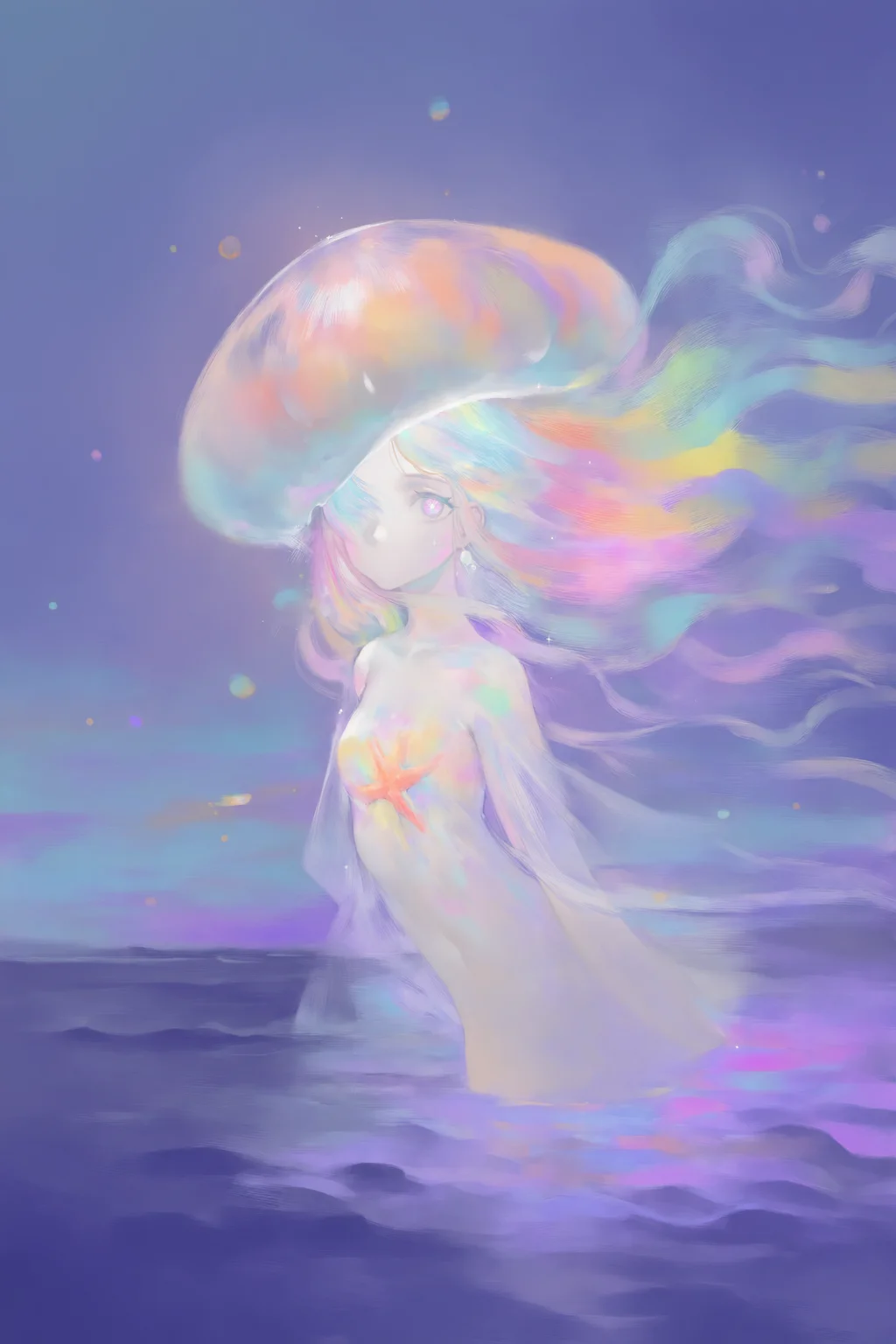 1girl,impasto,(nat the lich:0.9),(artist:alphonse \(white datura\):0.7),(oyari ashito:0.6),upper body,fusion of fluid abstract art and glitch,glitch hair,iridescent hair,jellyfish girl,white outline,glowing,see-through body,colorful,purple theme,purple background,no mouth,gradient background,see-through sleeves,colored skin,toutline,holographic interface,bubble,pearl (gemstone),glowing eye,multicolored eyes,pink gemstone,sparkle,white skin,liquid,indoors,huge french window,day,dappled sunlight,traditional building,(stary print:1.6),close up,face focus,sitting,walking,waves,wind,(glistening light of waves:1.2),(detailed sunset glow:1.05),(floating flow:1.05),(coral:1.1),(luminous:1.05),coast,(floating colorful bubbles:1.05),beautiful detailed sky,(fluorescence:1.05),detailed shadow,(conch:1.05),beautiful detailed water,starfish,meteor,rainbow,(seabirds:1.05),(glinting stars:1.05),(glowworm:1.05),(splash:1.05),detailed cloud,shell,(fireworks:1.05),ink,(rose:1.05),(greyscale:1.05),(no shadow:1.05),(bright skin:1.05),(classicism:1.158),(watercolor\(medium\):1.2),(oil painting:1.158),(colorful shadow:1.05),(colorful reflective:1.05),
very awa,masterpiece,best quality,year 2024,newest,highres,absurdres,