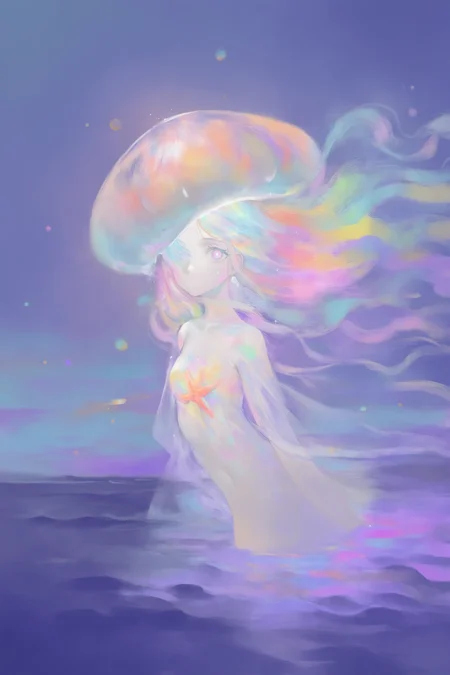 1girl,impasto,(nat the lich:0.9),(artist:alphonse \(white datura\):0.7),(oyari ashito:0.6),upper body,fusion of fluid abstract art and glitch,glitch hair,iridescent hair,jellyfish girl,white outline,glowing,see-through body,colorful,purple theme,purple background,no mouth,gradient background,see-through sleeves,colored skin,toutline,holographic interface,bubble,pearl (gemstone),glowing eye,multicolored eyes,pink gemstone,sparkle,white skin,liquid,indoors,huge french window,day,dappled sunlight,traditional building,(stary print:1.6),close up,face focus,sitting,walking,waves,wind,(glistening light of waves:1.2),(detailed sunset glow:1.05),(floating flow:1.05),(coral:1.1),(luminous:1.05),coast,(floating colorful bubbles:1.05),beautiful detailed sky,(fluorescence:1.05),detailed shadow,(conch:1.05),beautiful detailed water,starfish,meteor,rainbow,(seabirds:1.05),(glinting stars:1.05),(glowworm:1.05),(splash:1.05),detailed cloud,shell,(fireworks:1.05),ink,(rose:1.05),(greyscale:1.05),(no shadow:1.05),(bright skin:1.05),(classicism:1.158),(watercolor\(medium\):1.2),(oil painting:1.158),(colorful shadow:1.05),(colorful reflective:1.05),
very awa,masterpiece,best quality,year 2024,newest,highres,absurdres,