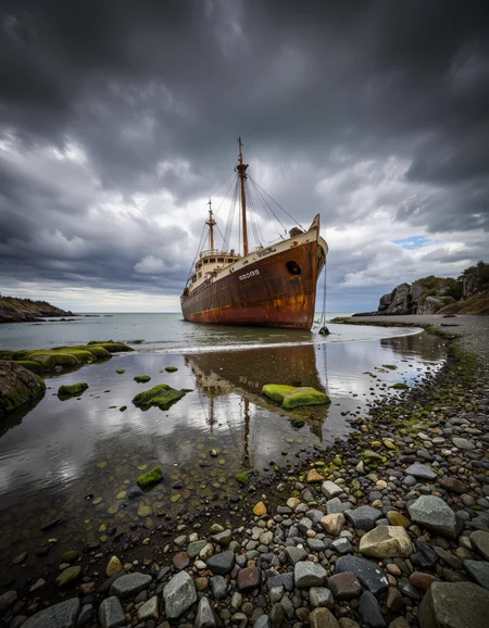 By Maria Isabel Ruiz. A photograph of a rusted ship on a rocky beach under dark, stormy skies. the ship is in the middle of the image, partially submerged in the shallow water, with patches of green moss covering the shore. the sky is filled with dark, ominous clouds, and the ship appears to be quite old, with a dilapidated, rusted hull and a few small rocks scattered around it. the overall mood is desolate and desolate, with the ship standing out against the muted colors of the sky and the rocky beach. the image is taken from a low angle, looking up at the ship, giving a sense of depth and perspective to the scene.