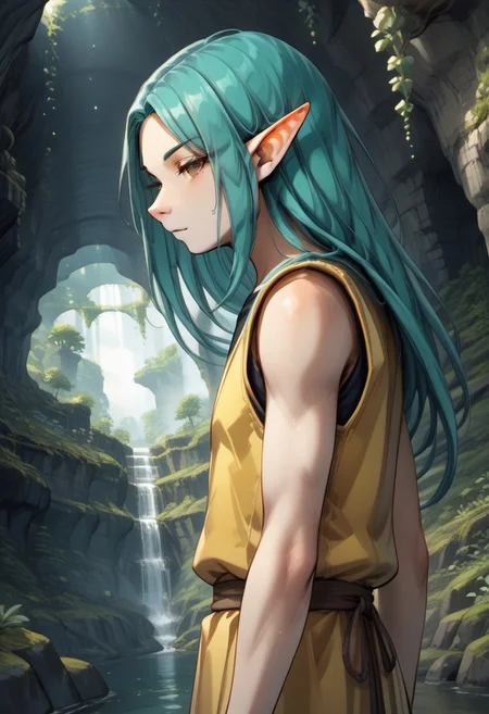Caitis, 1 person, Lapanya, light skin, teal hair, ((tall)), solo, pointy ears, brown eyes, long hair, sleeveless vest,
half-lidded eyes,
((Megaman zero style, medieval style)):1.0, Dutch angle, side view,
Organic cavern, underground, luminous moss, smooth walls,
highly detailed face, high quality, best quality, masterpiece, score: 9, score: 8 up, rating: safe, ((source: anime)),