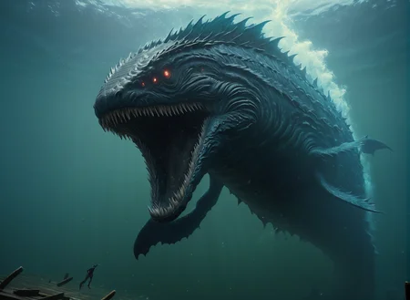 <lora:Leviathan_XL:1> leviathan a sea monster, jumping outside the water, (masterpiece), best quality, highres, 4k, 8k, intricate detail, cinematic lighting, amazing quality, amazing shading, soft lighting, gloomy colors, dark aura, horror