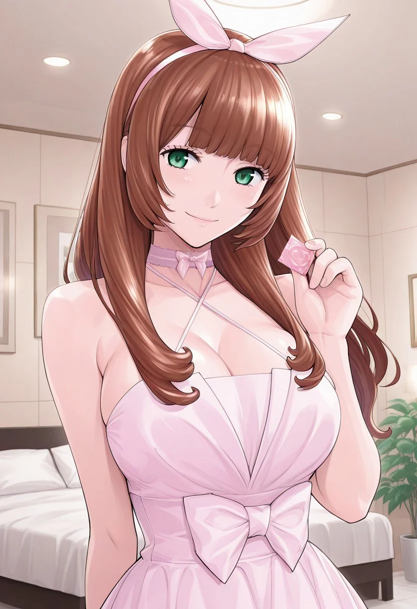 score_9, score_8_up, score_7_up, source_anime,(extremely detailed CG), (best quality),
long hair, dress, smile, bow, bangs, breasts, holding condom, large breasts, hairband, hair bow, sweatdrop, chitosen, halter dress,brown hair, green eyes, hotel,hair bow