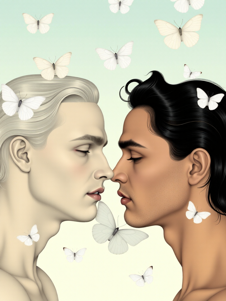 A striking composition featuring two androgynous figures gazing intensely at each other, framed by a flurry of delicate white butterflies. The figures display contrasting skin tones, one pale and slightly luminescent, the other with a warm, earthy hue, highlighting their ethereal beauty. The background is a soft gradient, merging light pastels that enhance the dreamlike quality of the scene. The lighting is soft and diffused, casting gentle shadows that create depth without overpowering the subtle details of the characters. Their expressions convey deep emotion, evoking a sense of connection and tension. The artistic style is reminiscent of modern surrealism, drawing influence from contemporary artists who blend realism with fantastical elements. The technique appears digital, yet retains a painterly feel, employing smooth gradients and refined textures. This piece invites viewers to explore themes of intimacy and the transient nature of beauty, creating an enchanting visual experience.