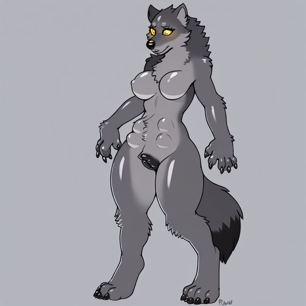 1 wolf, female semi-anthro, black canine pussy, breasts, yellow eyes, yellow sclera, black pupils, Light grey body, white underbelly, shiny fur, 4 toes, 5 fingers, pawed fingers, black claws, standing, solo,