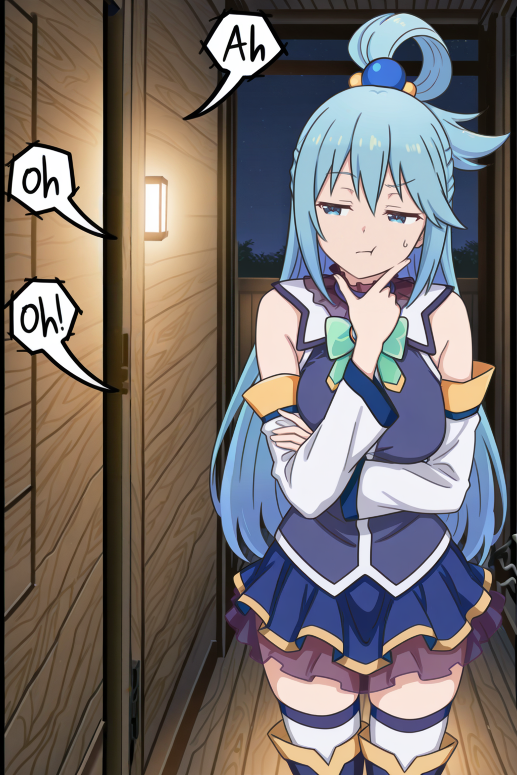 {masterpiece},{best quality},best detail,8k,solo,
aqua \(konosuba\),?,<lora:thinking_illustrous_v1:1>,stroking own chin,
indoors,hallway,against_door,(eavesdropping:1.1),night,squatting,upper body,looking_at_door,facing viewer,wooden wall,<lora:midis_ExpressiveLanguage_V0.5[IL]:1>,LovingIt,Oh My god,OH god,Im cumming,oh,ah,looking to the side,dialogue box,half-closed eyes,closed mouth,(sounds_from_the_door:1.5),