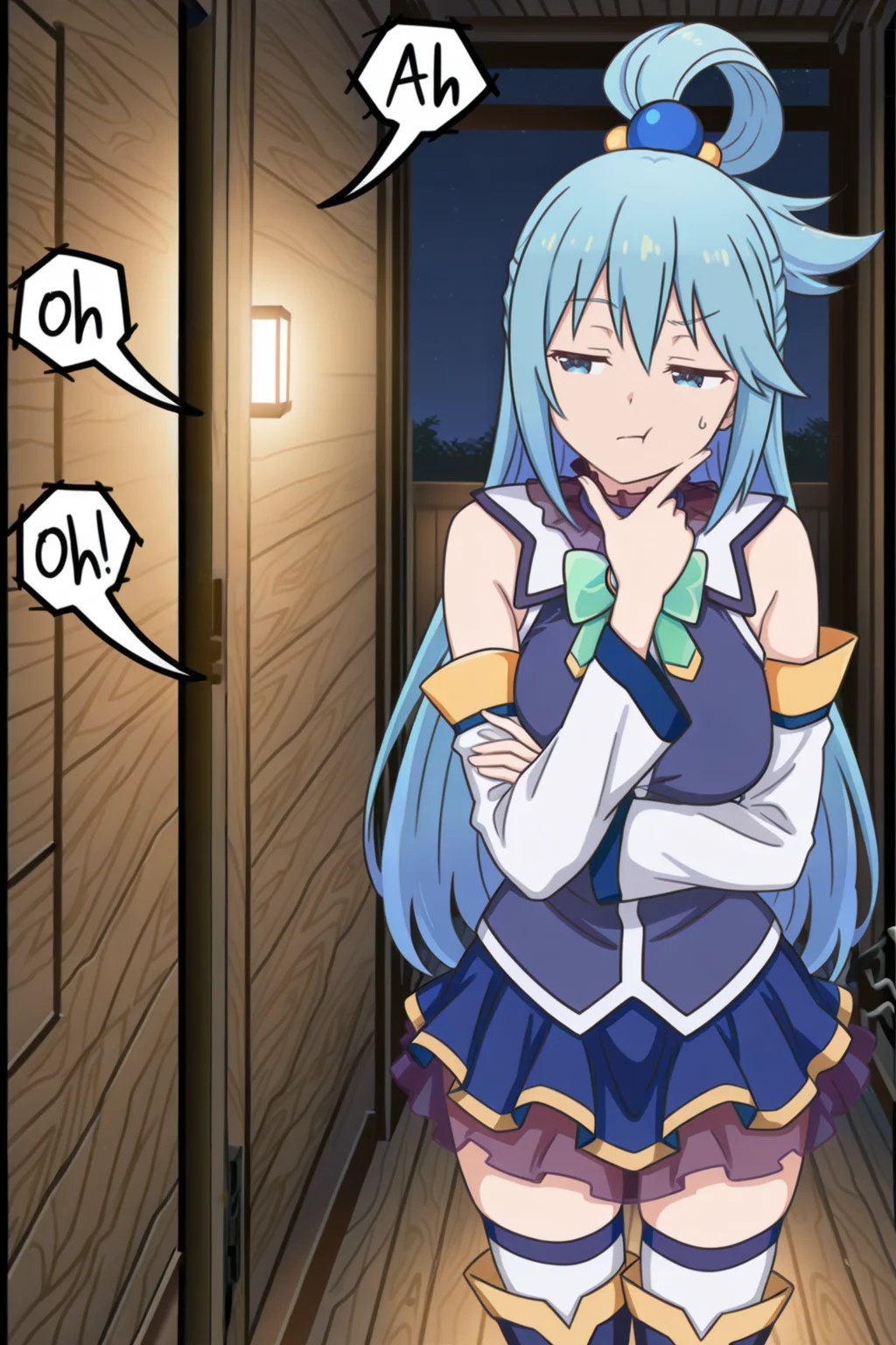 {masterpiece},{best quality},best detail,8k,solo,
aqua \(konosuba\),?,<lora:thinking_illustrous_v1:1>,stroking own chin,
indoors,hallway,against_door,(eavesdropping:1.1),night,squatting,upper body,looking_at_door,facing viewer,wooden wall,<lora:midis_ExpressiveLanguage_V0.5[IL]:1>,LovingIt,Oh My god,OH god,Im cumming,oh,ah,looking to the side,dialogue box,half-closed eyes,closed mouth,(sounds_from_the_door:1.5),