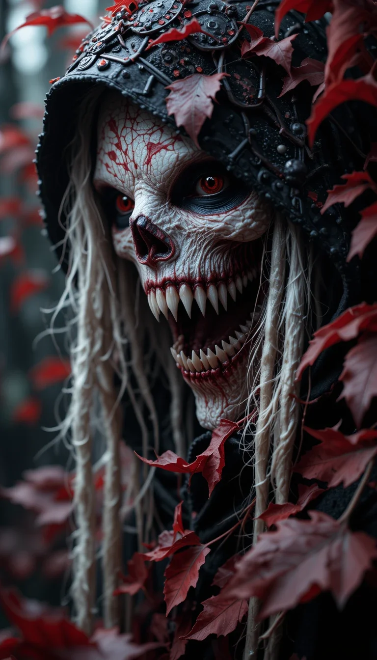 Tribal style ethereal fantasy concept art of macro shot, Horror-themed Horror-themed dutch angle, white and red, lots of (sharp teeth:1.2) , hoodie, Dark RPG old-school style, dark, spooky, grim, alone in the dark, ultimate evil.)WORLD MORPH LEAVES.RED LEAVES.DEAD LEAVES.