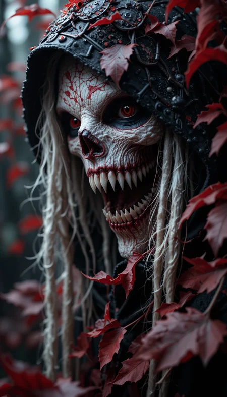 Tribal style ethereal fantasy concept art of macro shot, Horror-themed Horror-themed dutch angle, white and red, lots of (sharp teeth:1.2) , hoodie, Dark RPG old-school style, dark, spooky, grim, alone in the dark, ultimate evil.)WORLD MORPH LEAVES.RED LEAVES.DEAD LEAVES.