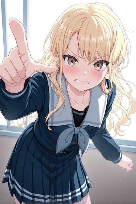 masterpiece, best quality, amazing quality,
<lora:Touko_IL:1> touko, 1girl, blonde hair, solo, long hair, school uniform, skirt, clenched teeth, teeth, pleated skirt, blush, brown eyes, serafuku, blue skirt, looking at viewer, collarbone, pointing, tsukinomori school uniform