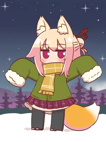 <lora:kemomimi_xl_lion:1>kemomimi, 1girl, solo, skirt, pantyhose, scarf, black pantyhose, pleated skirt, green jacket, single hair bun, fur trim, long sleeves, night, fox tail, jacket, blonde hair, looking at viewer, plaid, blush, profile, mittens, fringe trim, purple skirt, brown scarf, red skirt, border, fur-trimmed sleeves, parted lips, yellow scarf, white border, outside border, :o, fox girl, plaid scarf, red mittens, hands up, standing, outdoors, from side, looking to the side, blurry, plaid skirt, night sky, breath, depth of field, cowboy shot