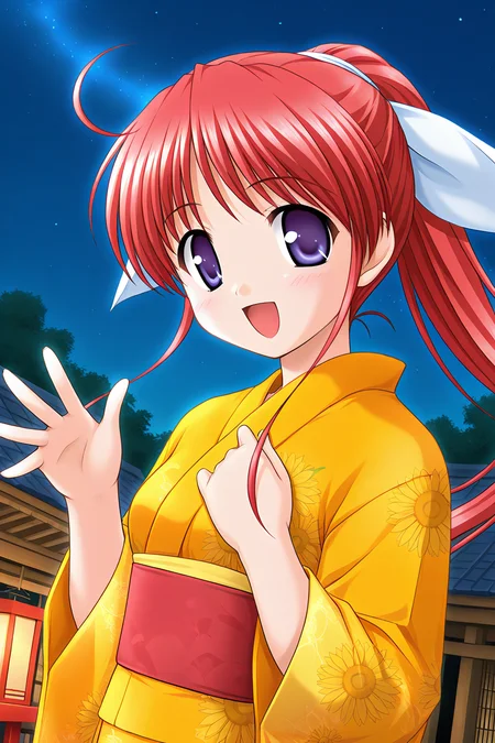 masterpiece, best quality, absurdres, official art, official style, rating general BREAK <lora:amagasakimikoto_IL_v1-2:0.7>, amagasaki mikoto, 1girl, solo, purple eyes, blue eyes, red hair, long hair, ponytail, hair ribbon, white ribbon, medium breasts BREAK japanese clothes, yukata, yellow kimono, orange kimono, floral print, long sleeves, wide sleeves, red obi, sash, night, blush, smile, open mouth, dutch angle, outdoors, :d, night sky, happy, hand on own chest, shrine