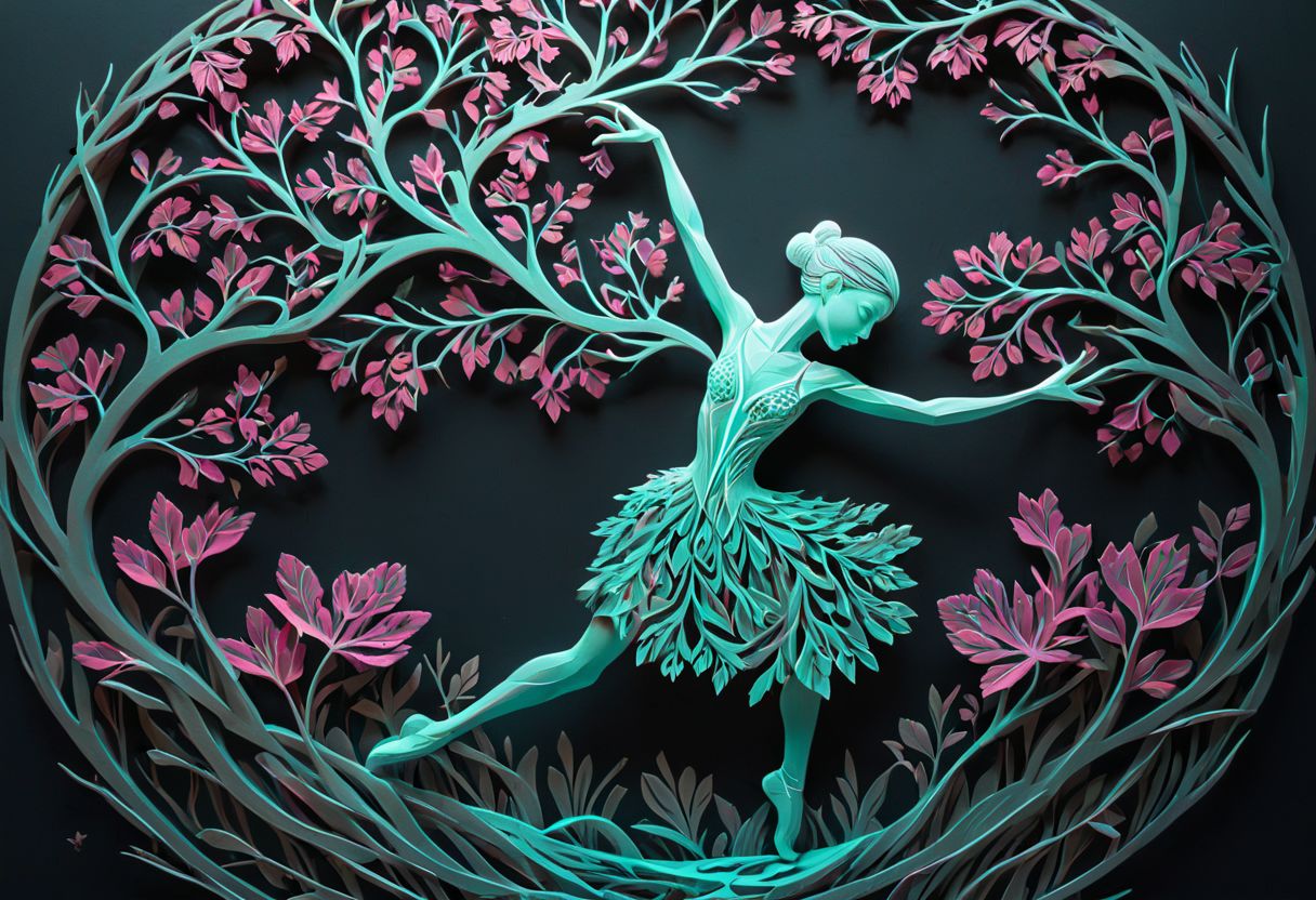 artpkplnt, illustration, Artdrgn, dancer in the dark, 4k, uhd, warlock, masterpiece, Artpprct, in the style of papercutting, relief carving, nature, lazy lime and hot pink, white, and cyan, ochre pastel, floral, minimal, modern, tree of life