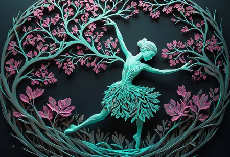 artpkplnt, illustration, Artdrgn, dancer in the dark, 4k, uhd, warlock, masterpiece, Artpprct, in the style of papercutting, relief carving, nature, lazy lime and hot pink, white, and cyan, ochre pastel, floral, minimal, modern, tree of life