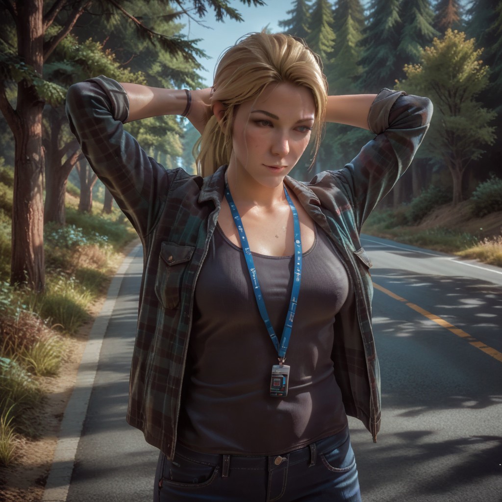 score_9, score_8, score_7, break, sarah_dg, blonde hair, ponytail, shirt, jacket, jeans, arms behind head, seductive, road, trees