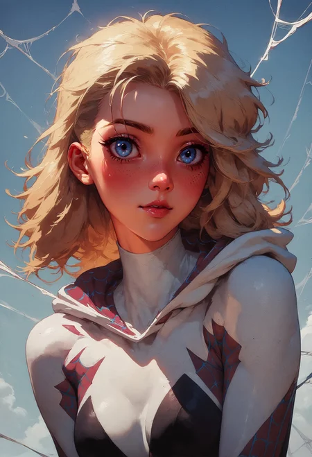 score_9, score_8_up, score_7_up, spider gwen, beautiful eyes, blush, cute, blonde hair, petite, spider webs, posing, simple background, <lora:Concept Art Twilight Style SDXL_LoRA_Pony Diffusion V6 XL:0.8> concept art, realistic <lora:Expressive_H-000001:0.8> expressiveh, <lora:Kenva:0.8> knva, halftone effect, retro artstyle