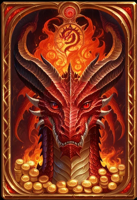 Card, Tarot, graphic border, Illustrative, Dark, angelic, porcelain, dragon head, detailed, horns, gold coins, bright background, red eyes, fire,
score_9, score_8_up, score_7_up,