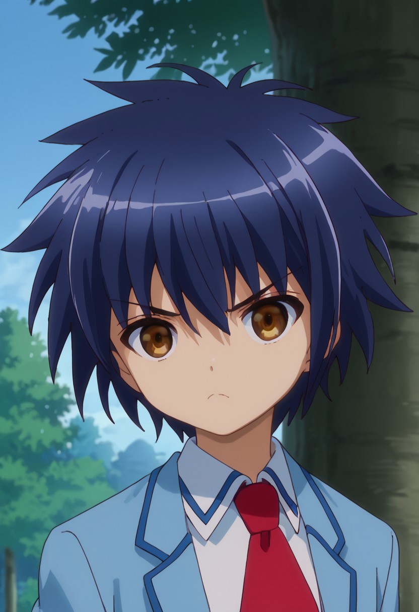 score_9, score_7_up, source_anime 
natsuhi, 1boy, male focus, solo, brown eyes, blue hair, bangs, school uniform, shirt, white shirt, collared shirt, necktie, red necktie, jacket, blazer, blue jacket, upper body, frown
outdoor, sky, tree