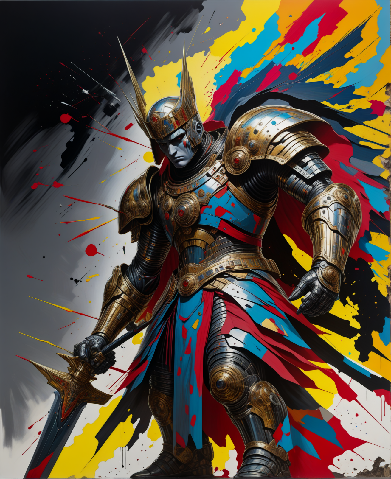 warrior king,Full Shot,masterpiece,best quality, <lora:SandraChevrierXL:0.8>,sachr style,scifi,chaotic,aesthetic (abstract warpaint),8k,awardwinning,trending on artstation and deviantart