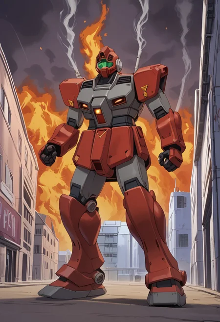 score_9, score_8_up, score_7_up, source_anime, cowboy shot, front view, BREAK, ( gm_cold_districts_type, red gm, attack stance, standing, 1mech, red mech, mech focus, solo, BREAK, buildings, pylons, smoke fire in background,