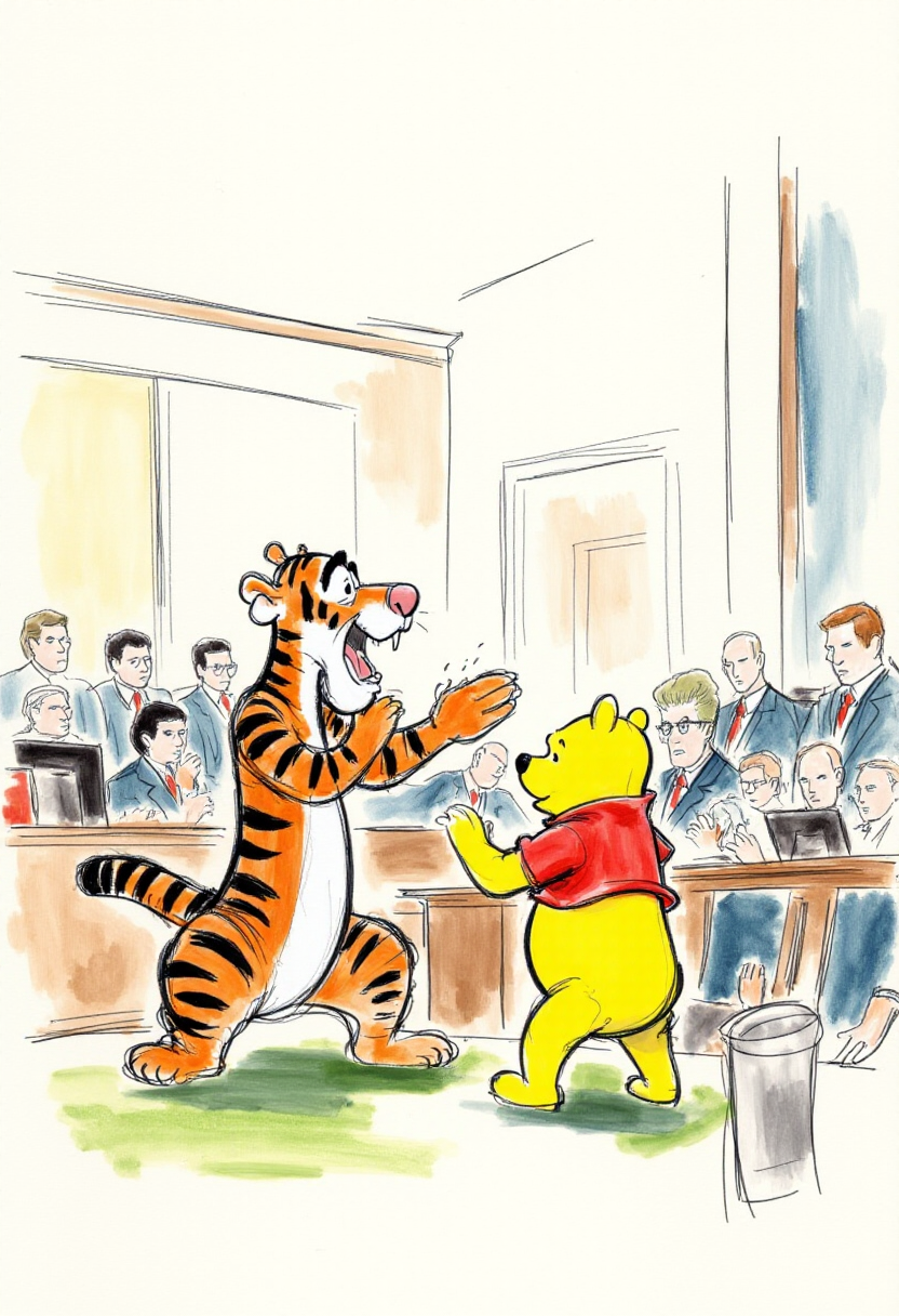 <lora:Courtroom_Sketch_Style_FLUX-000013:0.8>
This is a detailed, hand-drawn courtroom scene in a sketchy, watercolor style depicting Winnie the Pooh and Tigger fighting.